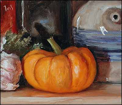 daily painting titled Pumpkin, Garlic, thyme and Oil Jar