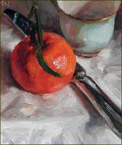 daily painting titled Clementine, Knife and Cup