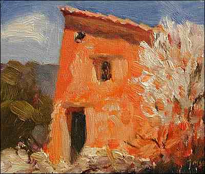 daily painting titled House at Les Febriers, Almond Blossom
