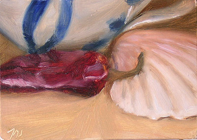 daily painting titled Chilli Pepper and Seashell