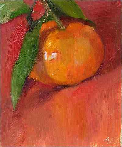 daily painting titled Clementine on a red cloth