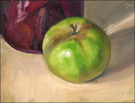 daily painting titled Green Apple and Bottled Plums