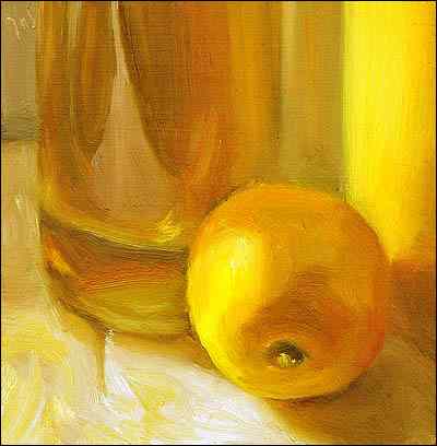 daily painting titled Lemon and Olive Oil Bottle