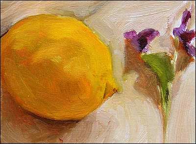 daily painting titled Lemon and Wild Violets