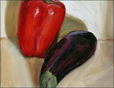daily painting titled Aubergine and Red Pepper