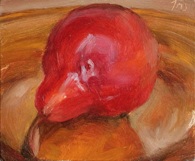 daily painting titled Red Pear on a yellow plate
