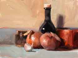 Still life with onions, garlic and bottle