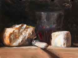 Still life with bread, wine and cheese