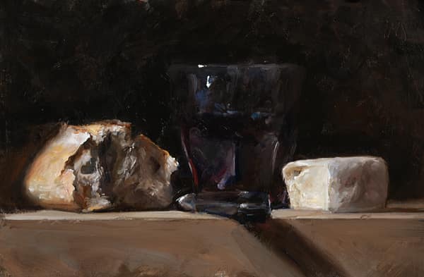 Still life with bread, cheese and red wine