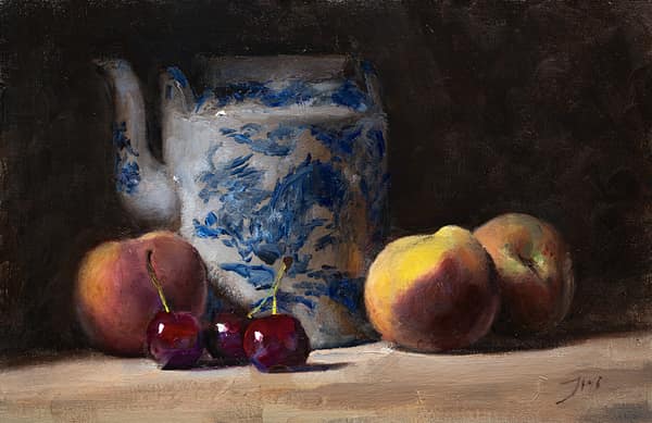 Still life with Chinese teapot, peaches and cherries