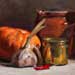 Still life with pumpkin, garlic and brass pot