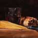 Still life with bread, wine and Cantal vieux