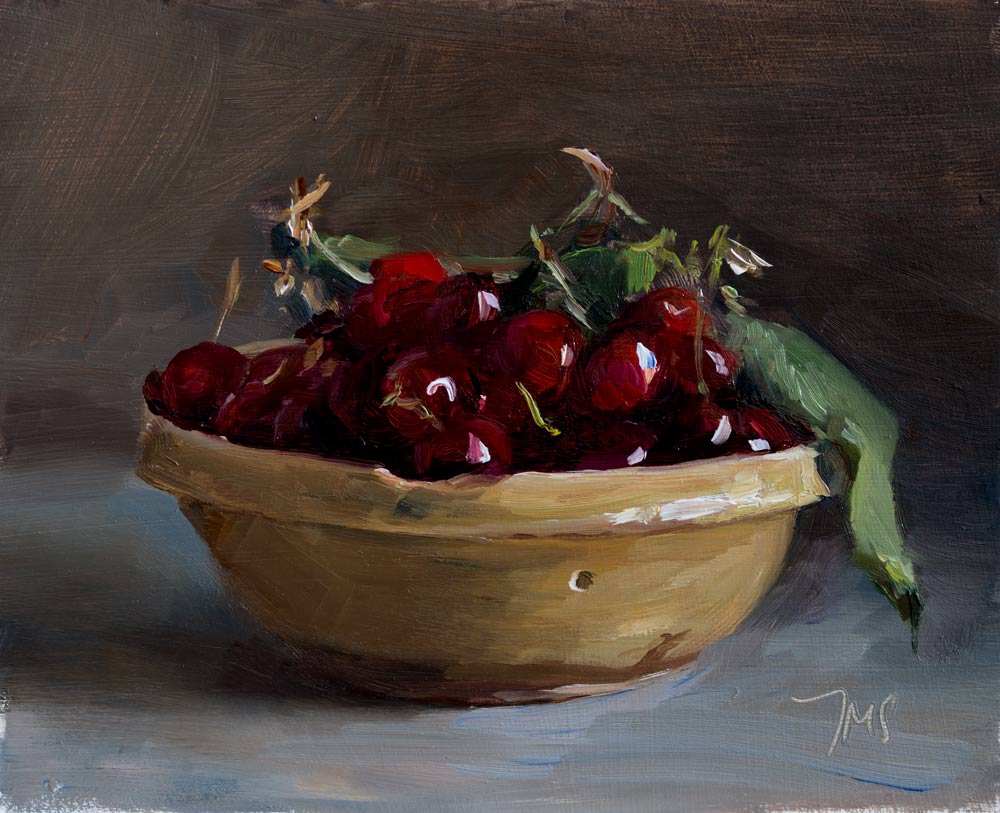 A Bowl of Cherries, an oil painting by Julian Merrow-Smith in Ina Garten's collection