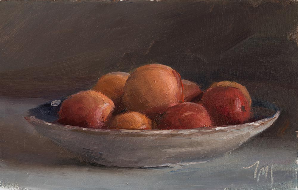 Bowl of Apricots, an oil painting by Julian Merrow-Smith in Ina Garten's collection