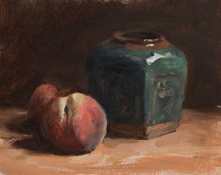 Peaches and Ginger Jar, an oil painting by Julian Merrow-Smith in Ina Garten's collection