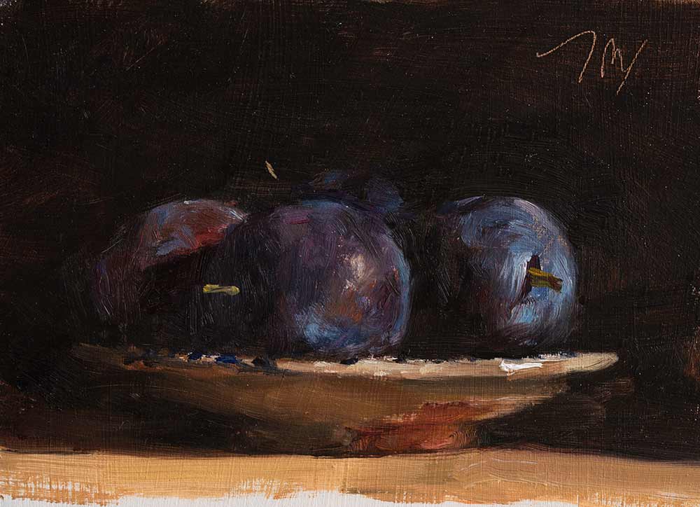 Blue Plums, an oil painting by Julian Merrow-Smith in Ina Garten's collection