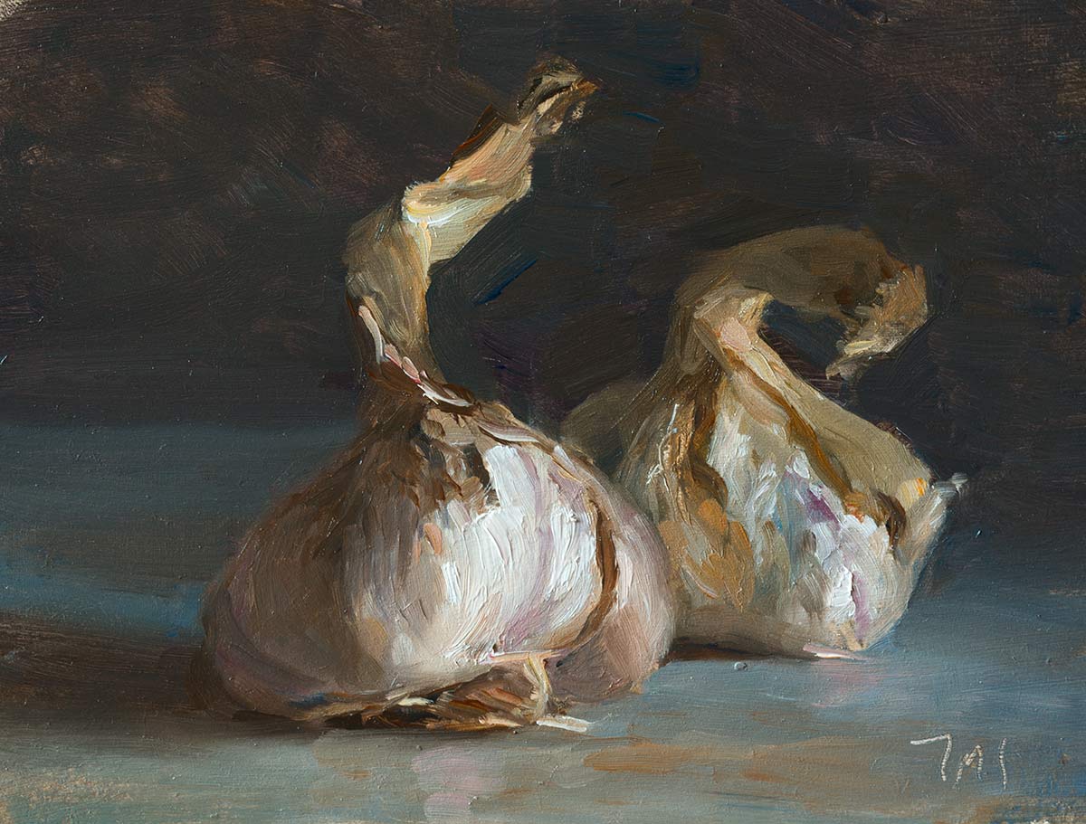 Têtes d'ail, an oil painting of garlic by Julian Merrow-Smith in Ina Garten's collection