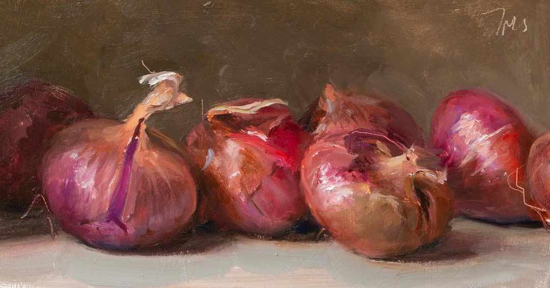 Red Onions, an oil painting by Julian Merrow-Smith in Ina Garten's collection